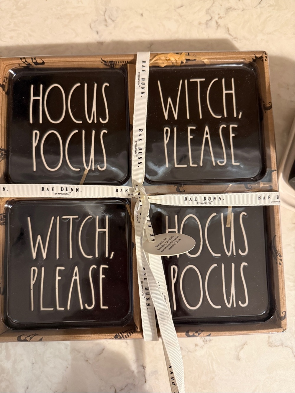 Rae Dunn Black Ceramic Halloween Coaster Set - White Lettering (4)
